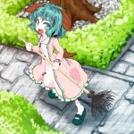  animal_ears bamboo_broom broom bush dress green_eyes green_hair kasodani_kyouko open_mouth ryu-tan short_hair solo tail touhou tree 