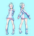  1girl absurdres arms_behind_back blue_background blue_dress blue_hair blue_nails bomhat boots buttons closed_mouth collar commentary dress eureka eureka_seven eureka_seven_(series) full_body hair_ornament hairclip highres light_blush long_sleeves looking_at_viewer multiple_views shadow short_hair simple_background skindentation smile thigh_pouch two-tone_dress violet_eyes white_dress white_footwear 