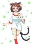  alternate_costume animal_ears bad_id bottomless brown_eyes brown_hair cat_ears chen fang gym_uniform jewelry multiple_tails open_mouth running shinba short_hair single_earring solo tail touhou 