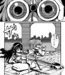  akemi_homura antimatterial_rifle binoculars bow comic gun gunslinger_girl hair_ribbon hairband hand_holding holding_hands kaname_madoka long_hair mahou_shoujo_madoka_magica monochrome multiple_girls parody ribbon scope short_hair short_twintails sniper_rifle spotter translated twintails weapon yomogi_uta yomogiuta 