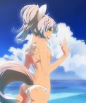  animal_ears animal_tail ass beach bikini blue_sky blush body_blush bow breasts cloud colored_eyelashes eyelashes fang female from_behind grey_hair hair_bow highres long_hair looking_back nail nail_art nail_polish nails ocean open_mouth original plastick ponytail side-tie_bikini silver_hair sky smile solo swimsuit tail wading water wet yellow_eyes 