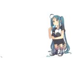  ahoge artist_request blue_eyes blue_hair casual hatsune_miku ice_cream kneeling long_hair popsicle shorts simple_background solo source_request twintails vocaloid 