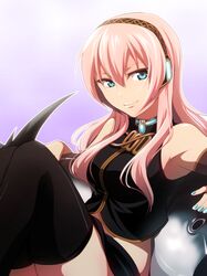  aqua_eyes hakka_(hakkakka) headphones hirococo_(hakka) long_hair megurine_luka pink_hair skirt smile solo thigh-highs thighhighs tuna vocaloid 