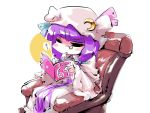  =_= blush book chair crescent dress hat holding holding_book monocle nyoron_(fudegatana) okisimo patchouli_knowledge pink_dress purple_hair reading sitting solo touhou 