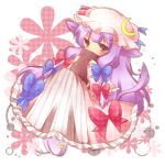 blush book bow covering covering_face covering_mouth crescent dress flower hair_bow hat kureha_goya long_hair patchouli_knowledge pink_dress purple_eyes purple_hair sitting solo touhou violet_eyes 