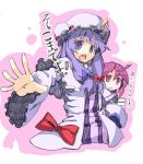  bat_wings blush book bow crescent frown graphite_(medium) hair_bow hands hat head_wings koakuma long_hair looking_at_viewer mixed_media multiple_girls open_hand open_mouth outstretched_arm outstretched_hand patchouli_knowledge purple_eyes purple_hair red_eyes red_hair redhead scotch sukocchi the_embodiment_of_scarlet_devil touhou traditional_media translated violet_eyes wings 