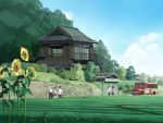  bus car copyright_request field flower highres house making_of motor_vehicle nature scenery school_uniform seo_tatsuya sunflower tea_garden tea_plant tree vehicle 