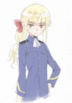  alternate_hairstyle blonde_hair blush bow hair_bow hand_on_hip hips long_hair military military_uniform no_glasses perrine_h_clostermann ponytail solo strike_witches uniform yellow_eyes 