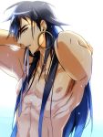  abs black_hair earrings hoop_earrings jewelry long_hair magi_the_labyrinth_of_magic male matsuo_shin mouth_hold shirtless sinbad_(magi) solo wet 