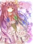  blush book book_hug bow crescent frills gathers hair_bow hat jaku_sono light_particles long_hair patchouli_knowledge pink_hair purple_eyes purple_hair ruffles sidelocks smile solo touhou violet_eyes 