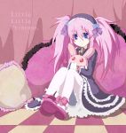  blue_eyes blue_rose bow doll dress flower frills gothic_lolita hairband haruya_(pixiv2443222) lolita_fashion long_hair mary_janes pantyhose pillow pink_hair presea_combatir ribbon rose shoes solo stuffed_animal stuffed_toy tales_of_(series) tales_of_symphonia twintails white_legwear 