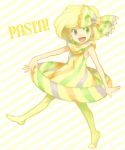  blonde_hair bow copyright_request dress food_themed_clothes hair_bow happy heterochromia open_mouth pantyhose pasta personification short_hair smile solo yapo_(mess) yellow_legwear 
