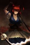  chikin_(pixiv742335) hair_bobbles hair_ornament highres large_breasts onozuka_komachi red_eyes red_hair redhead scythe short_hair skull smile solo touhou twintails 