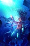  blue_eyes blue_hair bubble character_request el_shaddai highres long_hair male sunakumo sunlight underwater water 