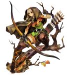  belt blonde_hair boots bow braid brown_eyes cloak dragon&#039;s_crown dragon's_crown elf elf_(dragon&#039;s_crown) elf_(dragon's_crown) george_kamitani gloves highres leaf long_hair official_art pointy_ears pose quiver shorts thick_thighs thighs tree vanillaware weapon 