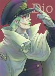  1boy cape diego_brando glasgow_smile gloves green_hair hat jojo_no_kimyou_na_bouken lipstick makeup military military_hat military_uniform mushroom13 solo steel_ball_run uniform 