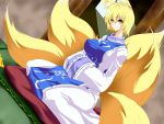  animal_ears blonde_hair breasts brown_eyes dutch_angle erect_nipples fox_ears fox_tail gigigi hands_in_sleeves highres large_breasts multiple_tails no_hat no_headwear pillow sitting smile solo tail touhou yakumo_ran 