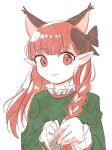  1girl :3 alternate_hairstyle animal_ears bangs bow braid cat_ears dress extra_ears eyebrows_visible_through_hair green_dress hair_bow hair_down hiroshige_36 kaenbyou_rin long_hair long_sleeves looking_at_viewer pointy_ears puffy_sleeves red_eyes redhead solo touhou twin_braids upper_body 