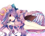  bare_legs book bow capelet crescent fetal_position frills hair_bow hat highres long_hair lying on_side patchouli_knowledge purple_eyes purple_hair smile solo swami touhou very_long_hair violet_eyes 