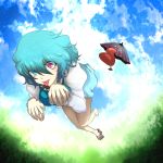  :p barefoot blue_eyes blue_hair cloud clouds geta heterochromia highres inuchikusho karakasa_obake red_eyes short_hair single_shoe skirt sky solo symbol-shaped_pupils tatara_kogasa tongue touhou umbrella 