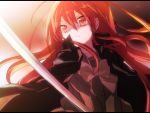  cape katana long_hair red_eyes red_hair redhead school_uniform serafuku serious shakugan_no_shana shana solo sword tachitsu_teto trench_coat weapon 