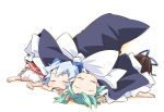  barefoot bloomers blue_hair brown_hair chibi cirno daiyousei fairy forehead green_hair ham_(points) hat multiple_girls pointy_ears ribbon sleeping star_sapphire sunny_milk touhou witch_hat 
