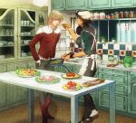  apple apron barnaby_brooks_jr belt blonde_hair blush boots brown_hair cabbage cabbie_hat carrot chopsticks cooking cup eating facial_hair feeding food fruit glasses green_eyes hat jacket kaburagi_t_kotetsu kitchen male males meat glasses multiple_boys necktie okojo_(qqww) red_jacket short_hair spaghetti stubble studded_belt table taste tiger_&amp;_bunny watch wristwatch 