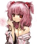 bare_shoulders breasts bust cleavage gobou hair_bobbles hair_ornament large_breasts off_shoulder onozuka_komachi pink_hair red_eyes solo touhou twintails 