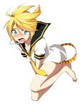  aqua_eyes barefoot blonde_hair blush bottomless hakka_(hakkakka) headset hirococo_(hakka) kagamine_len male simple_background solo vocaloid 