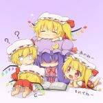  2girls 5girls :3 ? all_fours bare_legs blonde_hair blush bonnet book chibi clone closed_eyes crescent dress eyes_closed flandre_scarlet four_of_a_kind_(touhou) hat mokana_natsumi multiple_girls multiple_persona o_o on_stomach open_mouth patchouli_knowledge purple_dress purple_hair red_dress red_eyes side_ponytail standing sweatdrop the_embodiment_of_scarlet_devil touhou translated translation_request upskirt wings 
