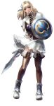  1girl absurdres armlet blonde_hair blush boots female freckles full_body gloves green_eyes hair_ornament highres kawano_takuji lips long_hair namco official_art pyrrha_alexandra shield shoes short_dress simple_background skirt solo soul_calibur soul_calibur_v soulcalibur soulcalibur_v sword thigh_boots thighhighs weapon white_background 