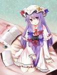  bad_id blush book bookmark bow crescent hair_bow hat highres lace long_hair patchouli_knowledge purple_eyes purple_hair shromann solo star touhou violet_eyes 