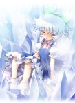  bloomers blue_dress blue_hair blush bow cirno closed_eyes colored_eyelashes dress eyes_closed hair_bow hand_on_stomach ice katahira_masashi necktie perfect_cherry_blossom short_hair sleeping slip_skirt snow solo touhou upskirt 