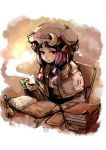  blush book bookmark bow capelet crescent cup hair_bow hat hounori ink long_hair patchouli_knowledge pen purple_eyes purple_hair smile solo steam touhou violet_eyes 