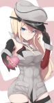  1girl bismarck_(kantai_collection) black_gloves blonde_hair blue_eyes chocolate chocolate_heart detached_sleeves german gloves grey_legwear hand_on_headwear hat heart highres kantai_collection long_hair long_sleeves military military_uniform mku open_mouth peaked_cap pov solo thigh-highs translated uniform valentine 