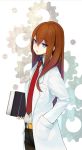  brown_hair brown_legwear face gears hand_in_pocket labcoat legwear_under_shorts long_hair makise_kurisu necktie open_mouth pantyhose shirabi_(life-is-free) short_shorts shorts solo steins;gate 