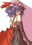  1girl alternate_costume back bare_shoulders bat_wings black_dress black_gloves blue_hair bow dress elbow_gloves gloves hat hat_bow kuronuko_neero looking_back pointy_ears red_eyes remilia_scarlet short_hair simple_background solo tongue touhou wings 