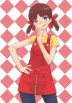  black_legwear blue_eyes blush brown_hair checkered checkered_background face finger_to_mouth fujiya hand_on_hip hands hips maeda_risou mascot overalls pantyhose peko-chan risoumaeda short_hair short_twintails solo tongue twintails 