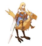  armor armored_dress blonde_hair blue_eyes boots bridle cape cavalry chocobo dagger empty_eyes final_fantasy final_fantasy_tactics gloves highres knight_(fft) long_hair polearm riding spear sword weapon 