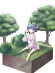  blue_hair brown_eyes c_(control) c_the_money_of_soul_and_possibility_control choker eating fuguno grass head_wings horns isometric midas_money orange_eyes pale_skin pointy_ears q_(control) short_hair sitting solo tree 