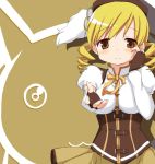  beret blonde_hair breasts detached_sleeves drill_hair fingerless_gloves foreshortening gloves hair_ornament hat highres kyubey magical_girl mahou_shoujo_madoka_magica negetsu outstretched_arm smile solo tomoe_mami twin_drills yellow_eyes 