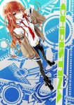  black_legwear blue_eyes boots brown_hair female hand_in_hair high_heels jacket legwear_under_shorts long_hair makise_kurisu necktie open_mouth orange_hair pantyhose shorts solo steins;gate 