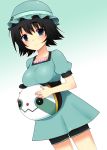  blue_eyes blush breast_rest breasts carried_breast_rest dress hat naze shiina_mayuri short_hair shorts smile solo steins;gate stuffed_toy 