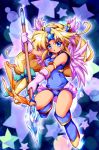  blue_eyes boots bow feathers gloves hair_ribbon headgear leotard long_hair low-tied_long_hair payot polearm ribbon riesz school_swimsuit seiken_densetsu seiken_densetsu_3 solo spear star star_lancer swimsuit weapon zipang 