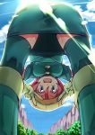  bent_over blue_eyes boots choker double_v dragon_buster dragon_buster_(pokemon) from_below gloves hat langley_(pokemon) open_mouth perspective pic_k pink_hair pokemon skirt smile thigh-highs thighhighs upside-down v 