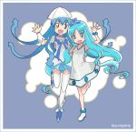  310 :d arm_around_waist blue_eyes blue_hair blush_stickers cosplay costume_switch crossover cure_marine cure_marine_(cosplay) heartcatch_precure! heartcatch_pretty_cure! ikamusume ikamusume_(cosplay) kurumi_erika long_hair look-alike lookalike magical_girl multiple_girls open_mouth precure pretty_cure shinryaku!_ikamusume short_dress smile standing_on_one_leg tentacle_hair thigh-highs thighhighs waving white_legwear 