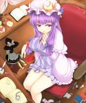  bare_legs book breasts chair character_doll crescent finger_to_mouth ginji74 hat highres kirisame_marisa long_hair messy_room mystia_lorelei mystia_lorelei_(bird) patchouli_knowledge pocket_watch purple_eyes purple_hair sitting solo touhou very_long_hair violet_eyes watch 