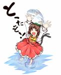  &gt;_&lt; 1girl animal_ears bow brown_hair cat_ears cat_tail chen closed_eyes earrings fang fish hat highres jewelry kuroi-neko multiple_tails open_mouth ripples saliva short_hair skirt smile solo tail touhou water 