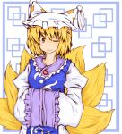  1girl blonde_hair fox_tail hat highres kuroi-neko multiple_tails short_hair smile solo tail touhou wink yakumo_ran yellow_eyes 