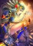  armor armored_dress blue_eyes boots braid feathers fumo grey_hair helmet highres lenneth_valkyrie long_hair lord_of_vermilion solo valkyrie valkyrie_profile 